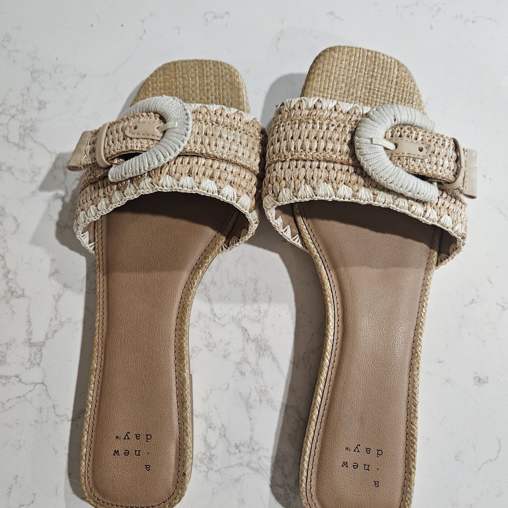 A New Day Beige Woven Buckle Slide Sandals Women's Synthetic Slip On 8.5